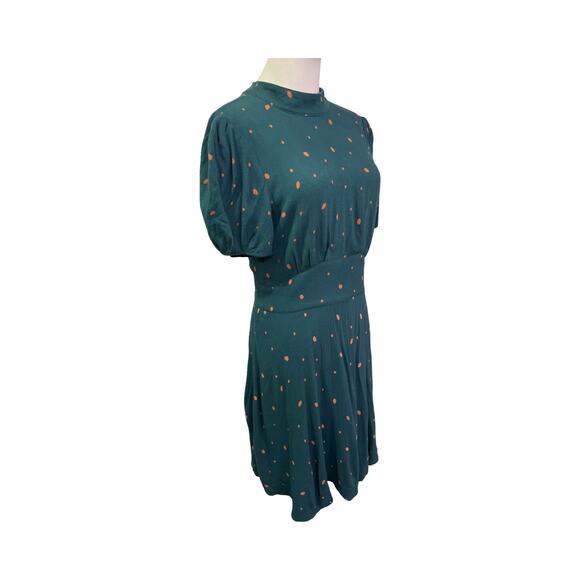 Free People Green Polka Dot Fit & Flare Mini Dress Size 6 Open Back Puff Sleeve - Picture 7 of 8